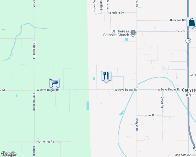 map of restaurants, bars, coffee shops, grocery stores, and more near 5215 Winnie Drive in Sulphur