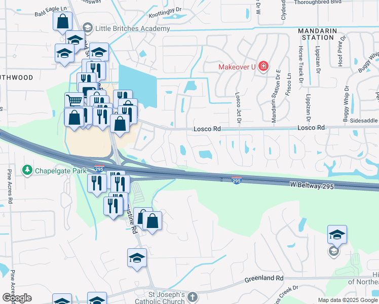map of restaurants, bars, coffee shops, grocery stores, and more near 11146 Wandering Oaks Drive in Jacksonville
