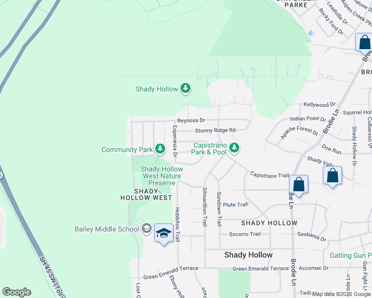 map of restaurants, bars, coffee shops, grocery stores, and more near 4122 Aldama Drive in Austin