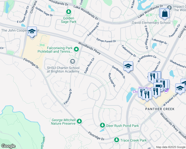 map of restaurants, bars, coffee shops, grocery stores, and more near 6 Quiet Peace Place in Spring