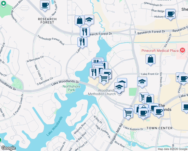 map of restaurants, bars, coffee shops, grocery stores, and more near 1950 Hughes Landing Boulevard in The Woodlands