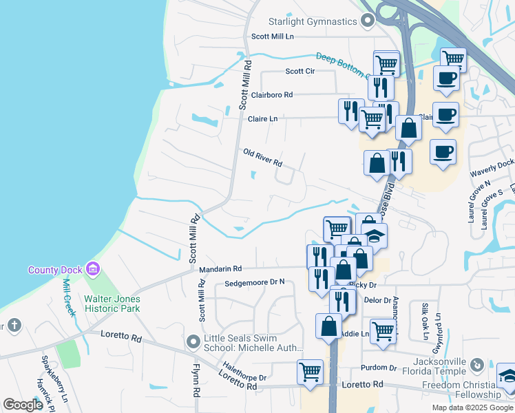 map of restaurants, bars, coffee shops, grocery stores, and more near 2755 Ashton Oaks Drive in Jacksonville