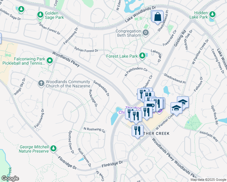 map of restaurants, bars, coffee shops, grocery stores, and more near in The Woodlands
