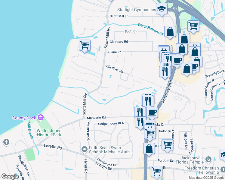 map of restaurants, bars, coffee shops, grocery stores, and more near 2755 Ashton Oaks Drive in Jacksonville
