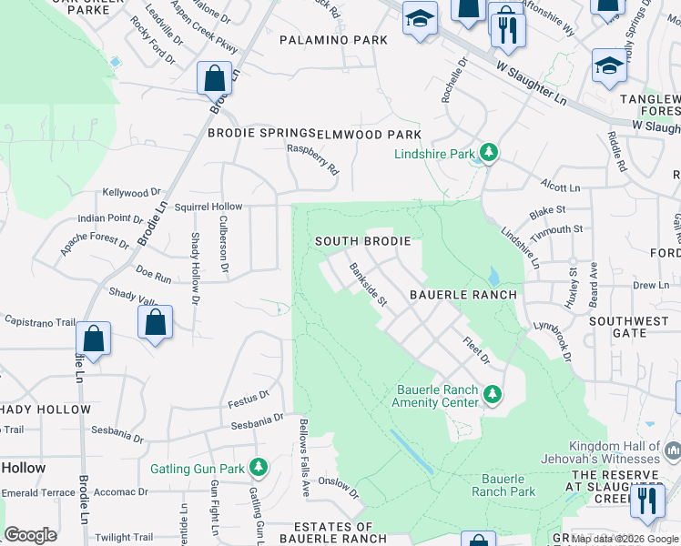 map of restaurants, bars, coffee shops, grocery stores, and more near 3513 Bankside Street in Austin