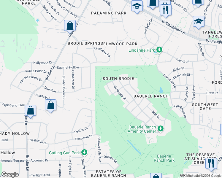 map of restaurants, bars, coffee shops, grocery stores, and more near 3513 Bankside Street in Austin