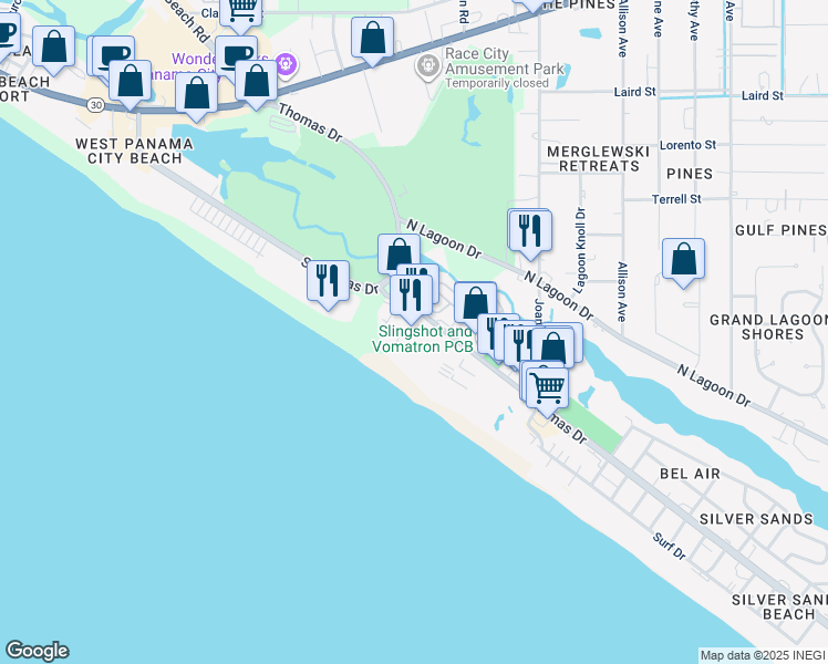 map of restaurants, bars, coffee shops, grocery stores, and more near 8815 Thomas Drive in Panama City Beach