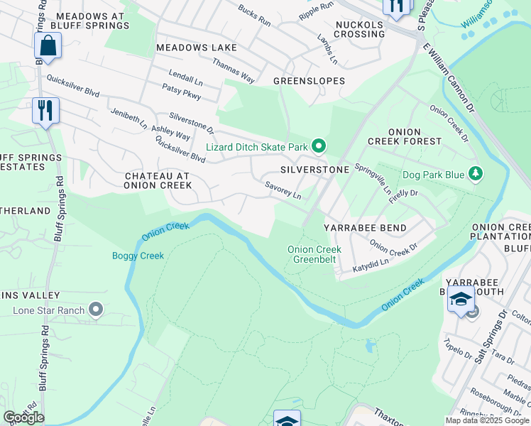 map of restaurants, bars, coffee shops, grocery stores, and more near 7500 South Pleasant Valley Road in Austin