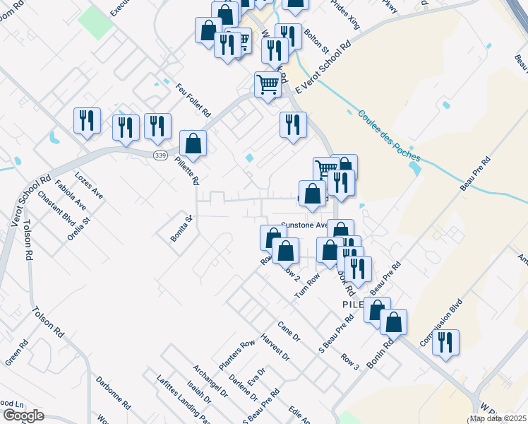 map of restaurants, bars, coffee shops, grocery stores, and more near 102 Cougar Ridge in Lafayette