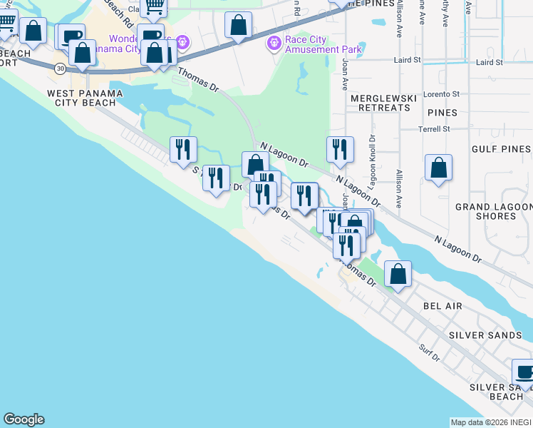 map of restaurants, bars, coffee shops, grocery stores, and more near 8815 Thomas Drive in Panama City Beach