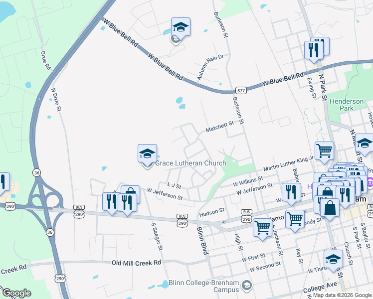 map of restaurants, bars, coffee shops, grocery stores, and more near 1013 Pine Drive in Brenham