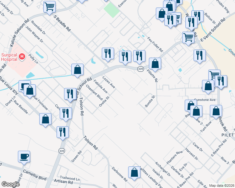 map of restaurants, bars, coffee shops, grocery stores, and more near 203 Westbend Ridge in Lafayette