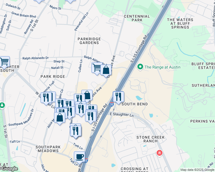 map of restaurants, bars, coffee shops, grocery stores, and more near 8408 South Interstate 35 Frontage Road in Austin