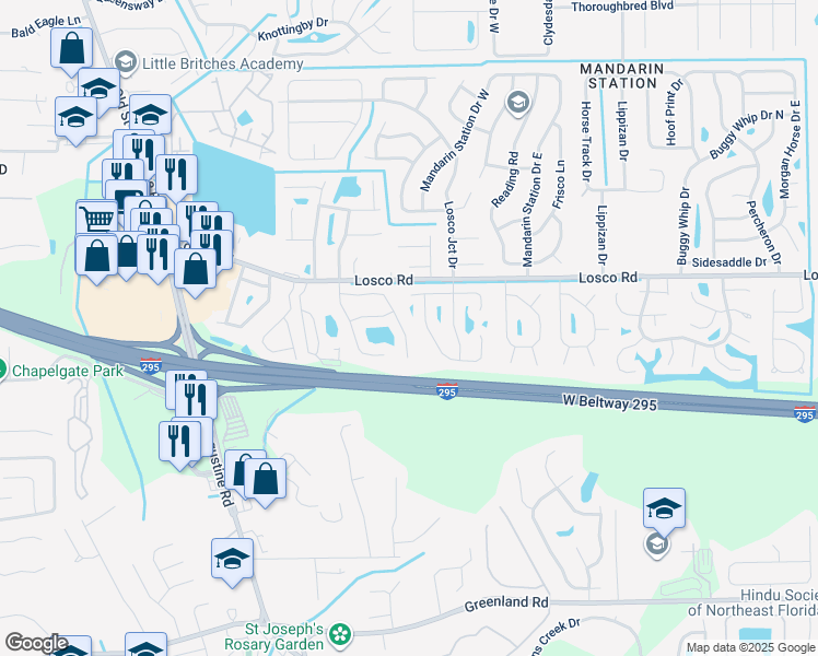 map of restaurants, bars, coffee shops, grocery stores, and more near 11197 Bentley Trace Lane East in Jacksonville