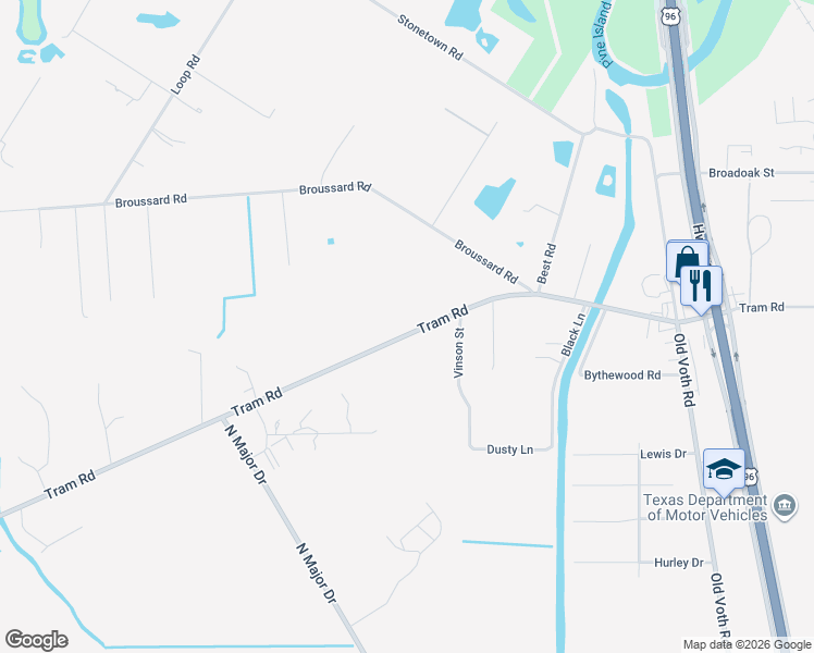 map of restaurants, bars, coffee shops, grocery stores, and more near 7710 Tram Road in Beaumont
