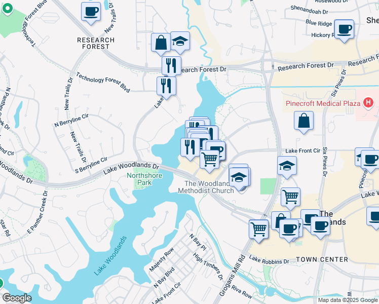 map of restaurants, bars, coffee shops, grocery stores, and more near 1950 Hughes Landing Boulevard in The Woodlands