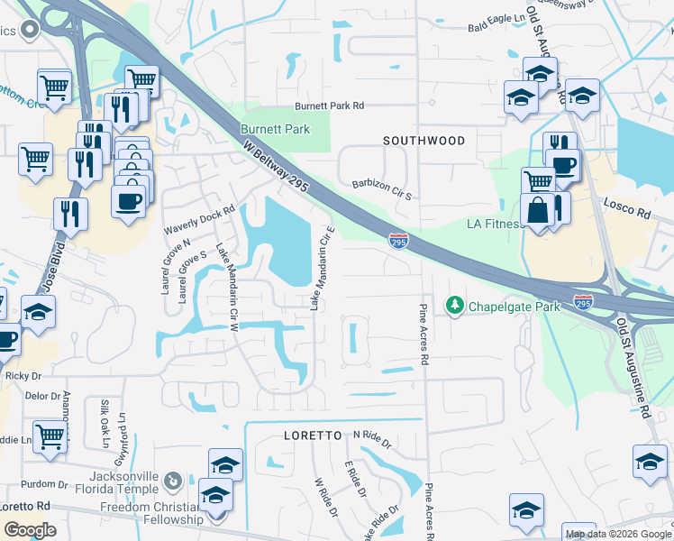 map of restaurants, bars, coffee shops, grocery stores, and more near 11269 Lake Mandarin Circle East in Jacksonville
