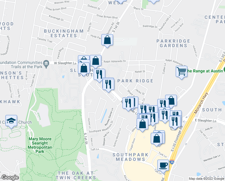 map of restaurants, bars, coffee shops, grocery stores, and more near 420 West Slaughter Lane in Austin