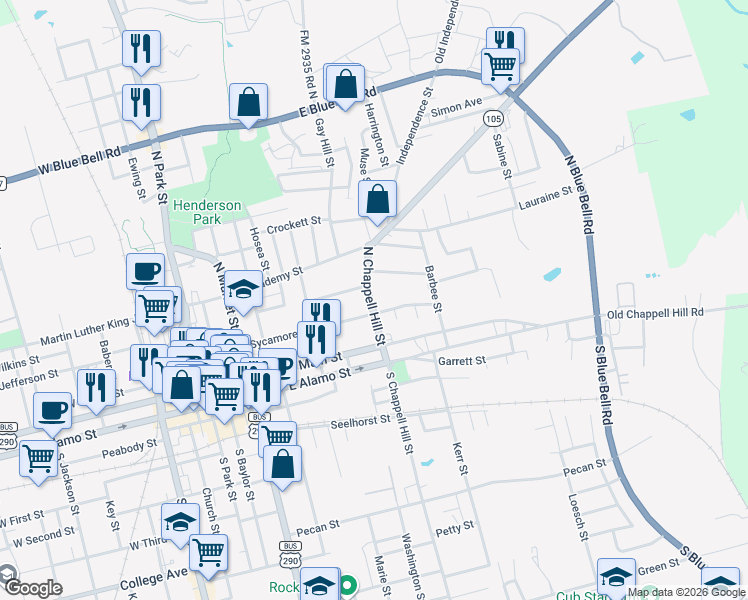 map of restaurants, bars, coffee shops, grocery stores, and more near 804 Spencer Street in Brenham
