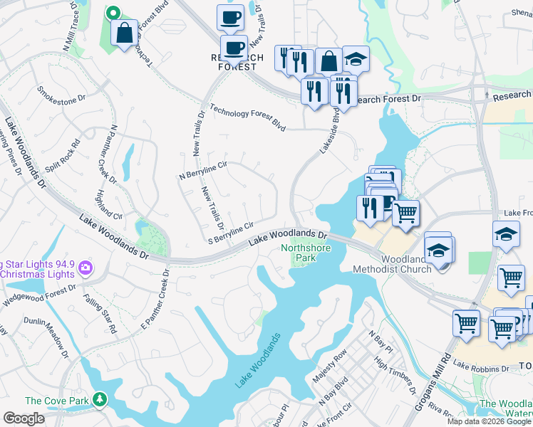 map of restaurants, bars, coffee shops, grocery stores, and more near 15 Graceful Elm Court in Spring