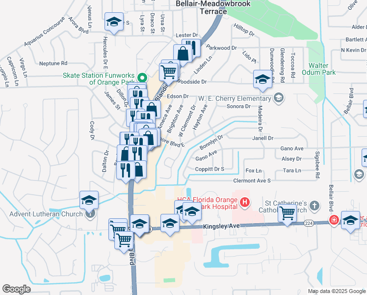 map of restaurants, bars, coffee shops, grocery stores, and more near 222 Blairmore Boulevard East in Orange Park