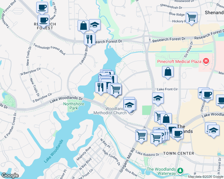 map of restaurants, bars, coffee shops, grocery stores, and more near 1801 Hughes Landing Boulevard in The Woodlands
