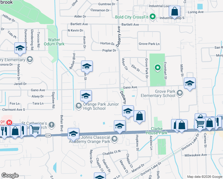 map of restaurants, bars, coffee shops, grocery stores, and more near 1363 Spanish Needles Court in Orange Park