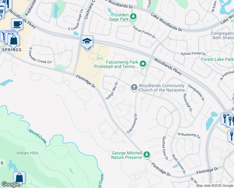 map of restaurants, bars, coffee shops, grocery stores, and more near 99 South Piper Trace in Spring