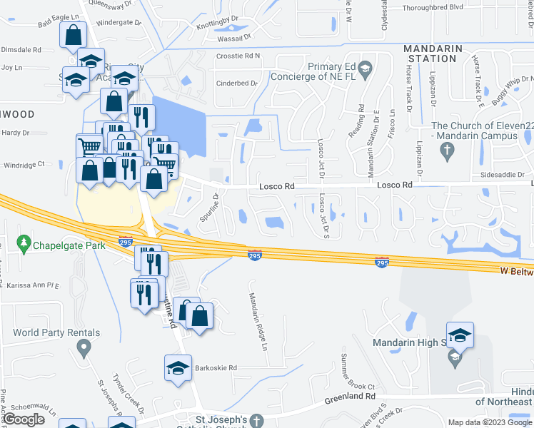 map of restaurants, bars, coffee shops, grocery stores, and more near 4518 Singletary Road in Jacksonville