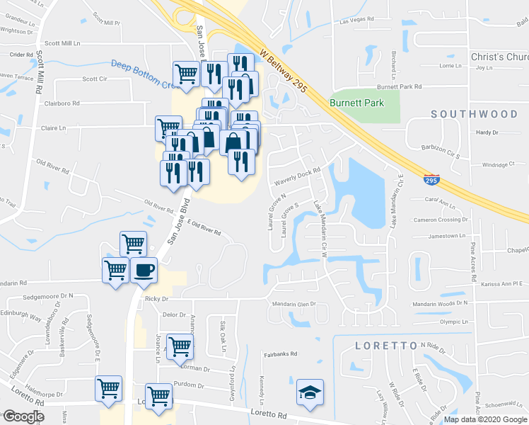 map of restaurants, bars, coffee shops, grocery stores, and more near 3253 Laurel Grove North in Jacksonville