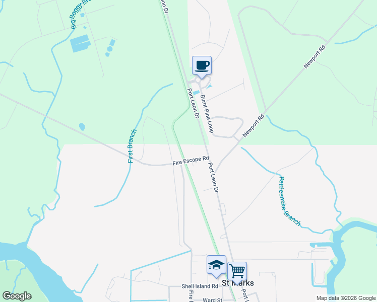 map of restaurants, bars, coffee shops, grocery stores, and more near 34 Fire Escape Road in Saint Marks