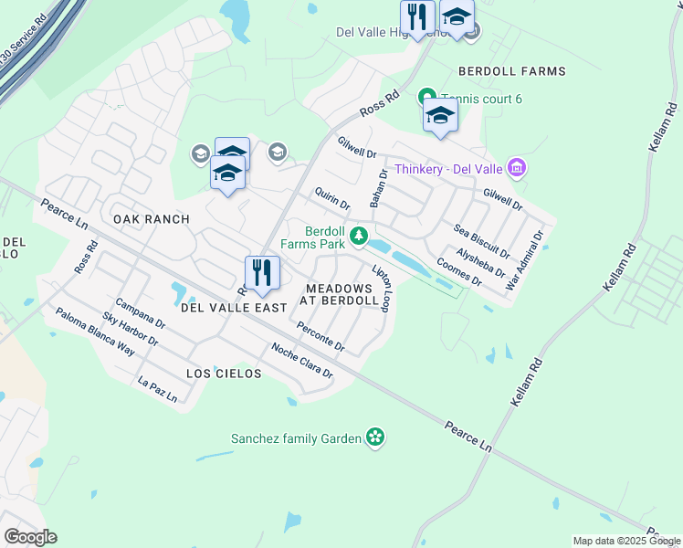 map of restaurants, bars, coffee shops, grocery stores, and more near 5612 Alomar Cove in Del Valle