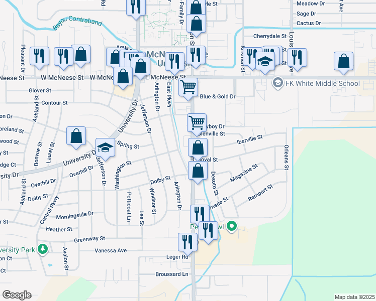 map of restaurants, bars, coffee shops, grocery stores, and more near 4730 Common Street in Lake Charles