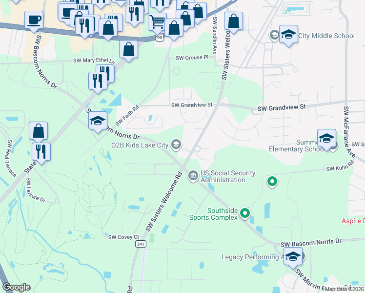 map of restaurants, bars, coffee shops, grocery stores, and more near 1171 Southwest Bascom Norris Drive in Lake City