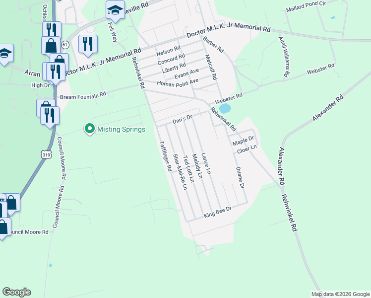 map of restaurants, bars, coffee shops, grocery stores, and more near 43 Shar-Mel-Re Lane in Crawfordville