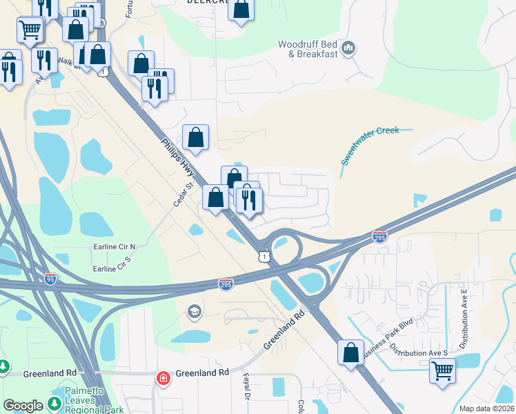 map of restaurants, bars, coffee shops, grocery stores, and more near 11007 Starwood Drive in Jacksonville