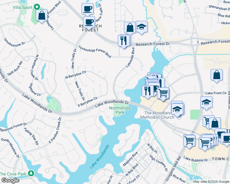 map of restaurants, bars, coffee shops, grocery stores, and more near 9500 Lakeside Boulevard in The Woodlands