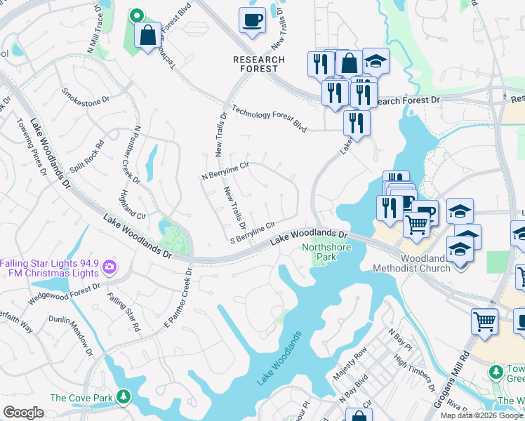 map of restaurants, bars, coffee shops, grocery stores, and more near 22 Herald Oak Court in Spring