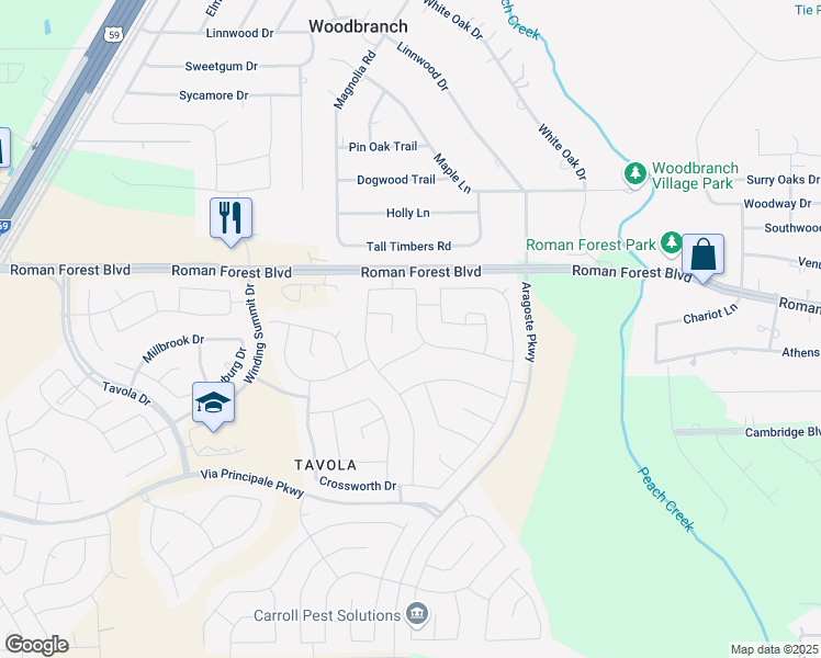 map of restaurants, bars, coffee shops, grocery stores, and more near 18824 Palmetto Hills Drive in Roman Forest
