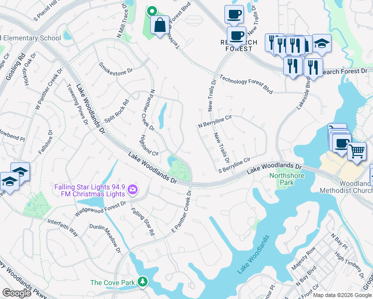 map of restaurants, bars, coffee shops, grocery stores, and more near 14 East Rock Wing Place in Spring