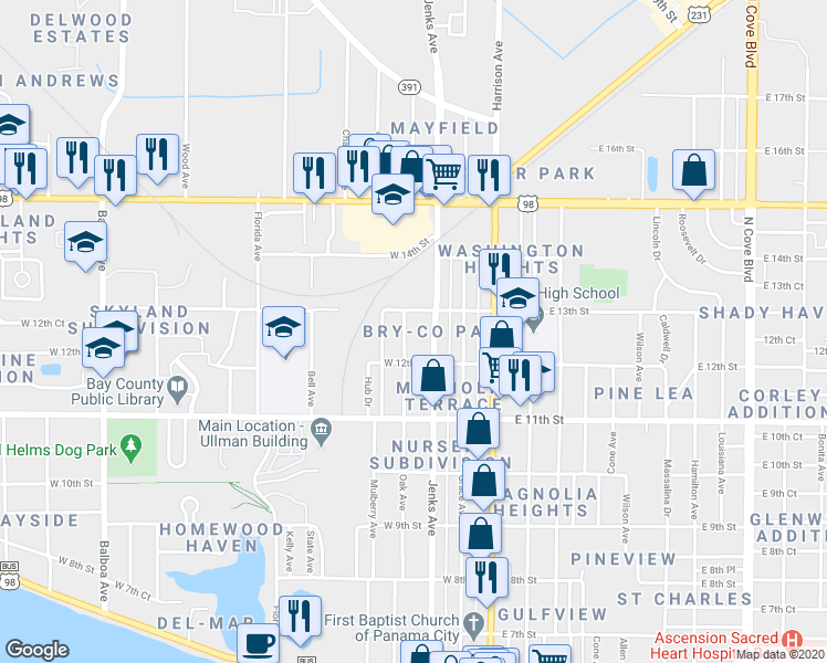 map of restaurants, bars, coffee shops, grocery stores, and more near 1230 Oak Avenue in Panama City