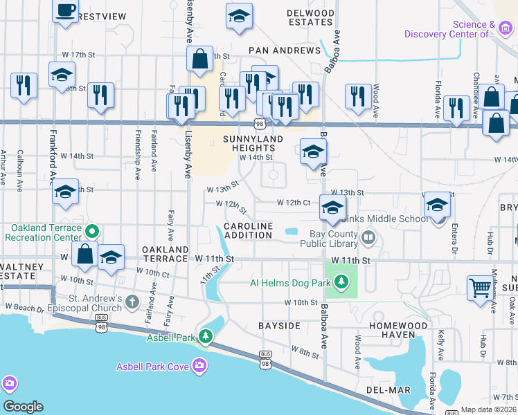 map of restaurants, bars, coffee shops, grocery stores, and more near 1205 Buena Vista Boulevard in Panama City