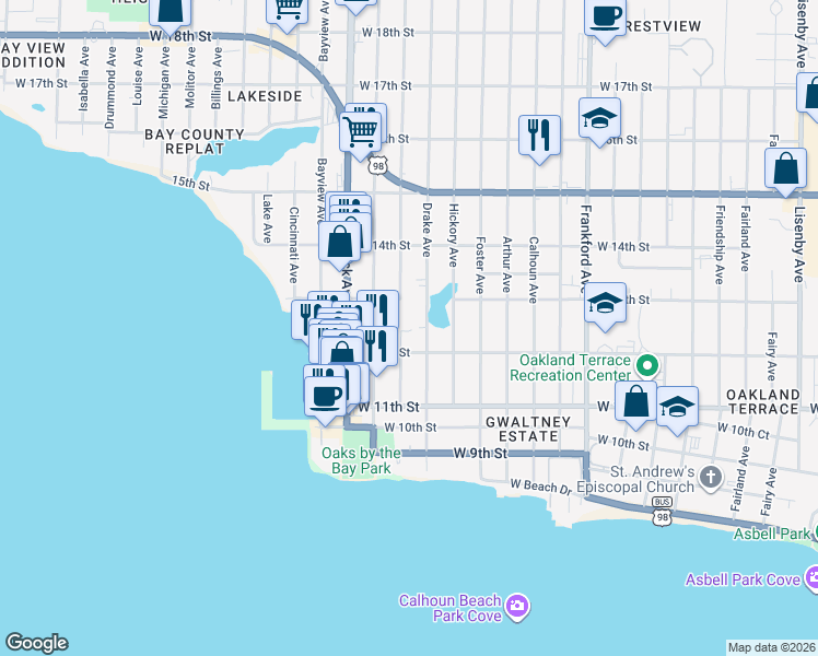 map of restaurants, bars, coffee shops, grocery stores, and more near 2750 West 12th Street in Panama City