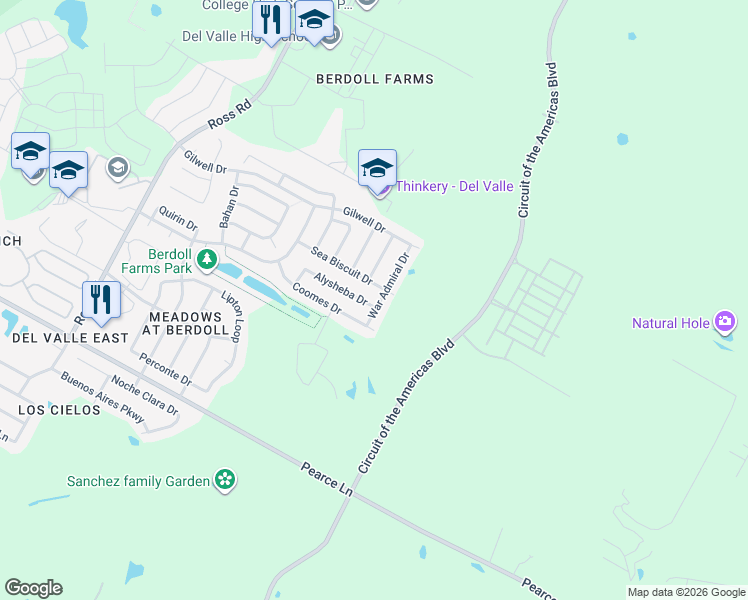 map of restaurants, bars, coffee shops, grocery stores, and more near 5701 War Admiral Drive in Del Valle