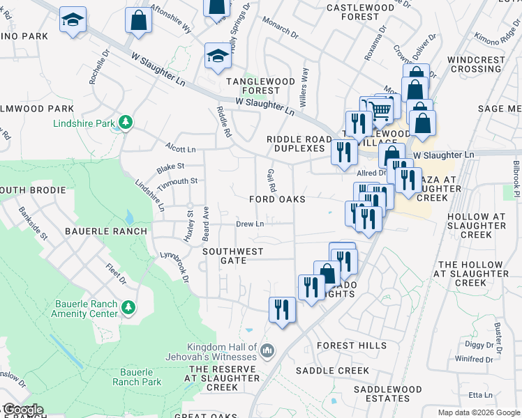 map of restaurants, bars, coffee shops, grocery stores, and more near 10309 Wommack Road in Austin