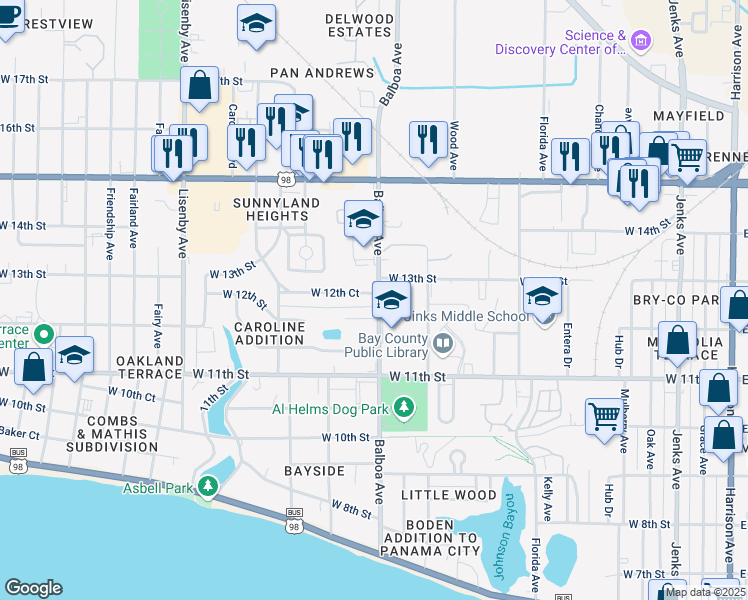 map of restaurants, bars, coffee shops, grocery stores, and more near 1001 West 12th Court in Panama City