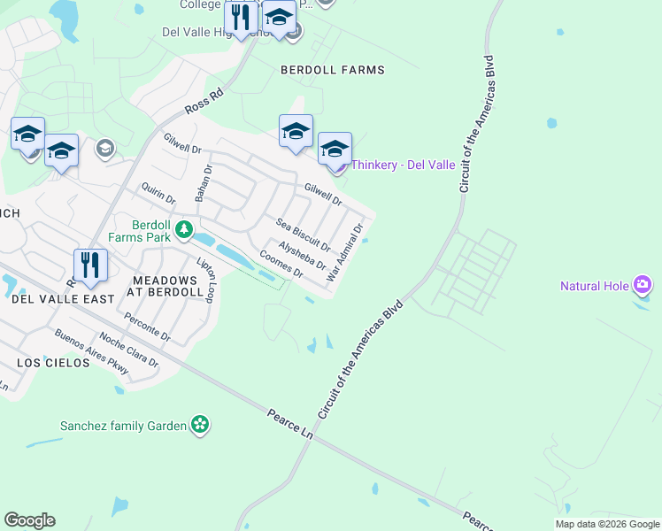 map of restaurants, bars, coffee shops, grocery stores, and more near 5701 War Admiral Drive in Del Valle