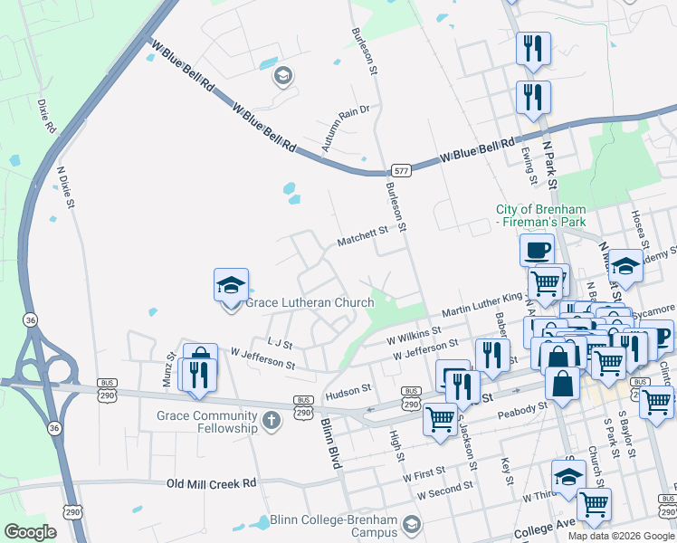 map of restaurants, bars, coffee shops, grocery stores, and more near 809 Pleasant View Avenue in Brenham