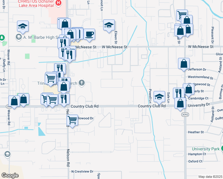 map of restaurants, bars, coffee shops, grocery stores, and more near 1501 South Greenfield Circle in Lake Charles