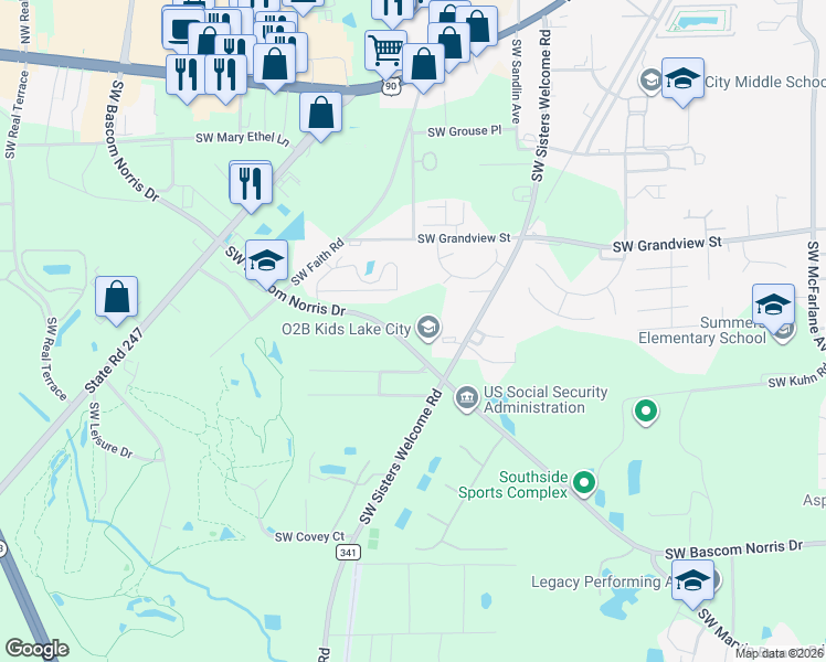 map of restaurants, bars, coffee shops, grocery stores, and more near 1171 Southwest Bascom Norris Drive in Lake City